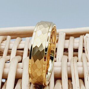 Gold Tungsten Carbide Ring – Hammered Faceted Finish – Unisex Wedding Band W1021